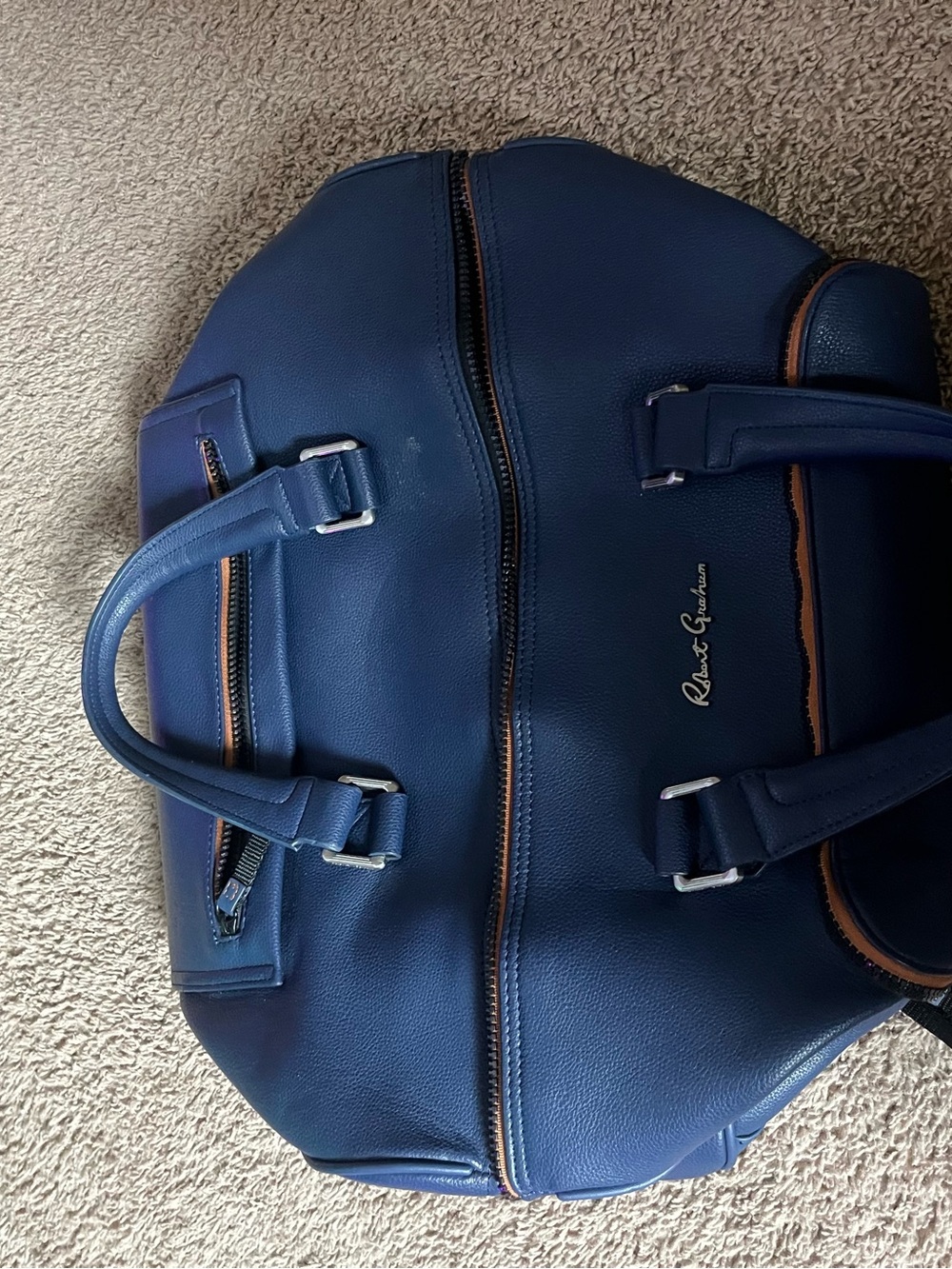 Robert Graham Blue Leather Duffel with Contrast Trim